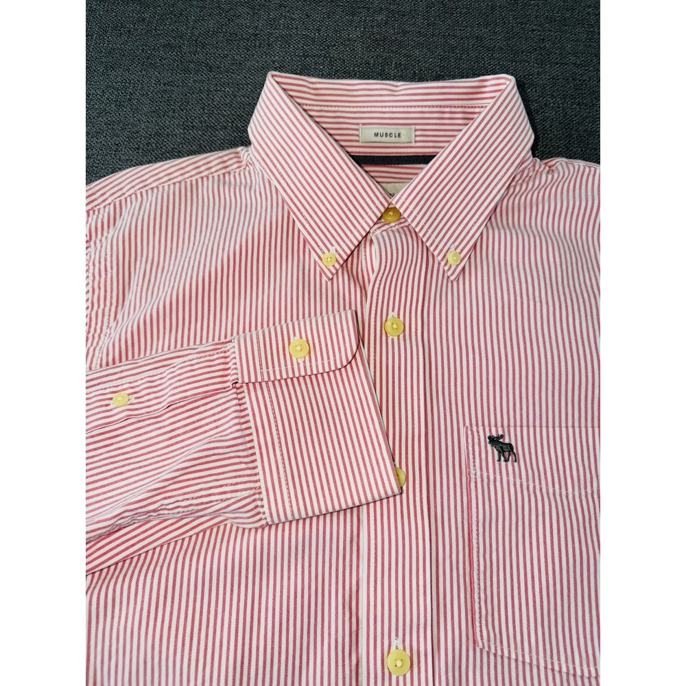 Abercrombie & Fitch Muscle Fit Button Down Shirt Mens M Pink White Stripe Cotton